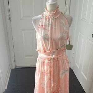 NWT RYEGRASS Women's Dress Peach Floral Sleeveless High Neck Smocked Waist SZ M